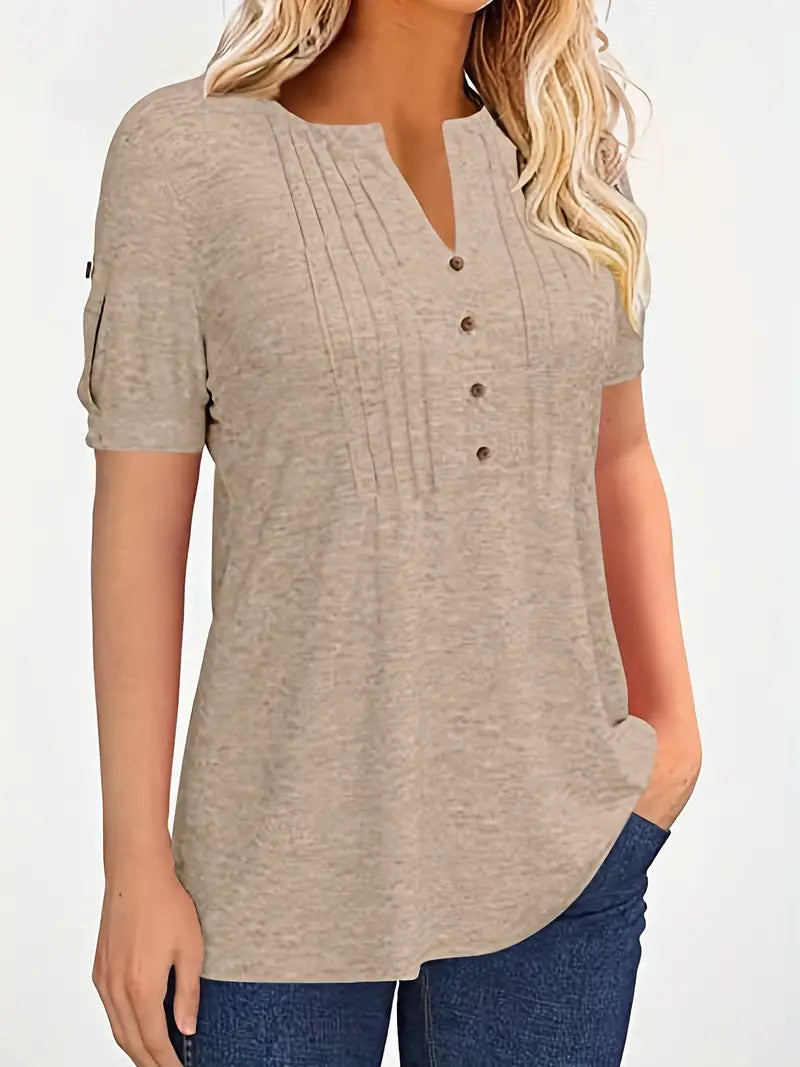 Pleated Button Short Sleeve Loose Summer T-shirt