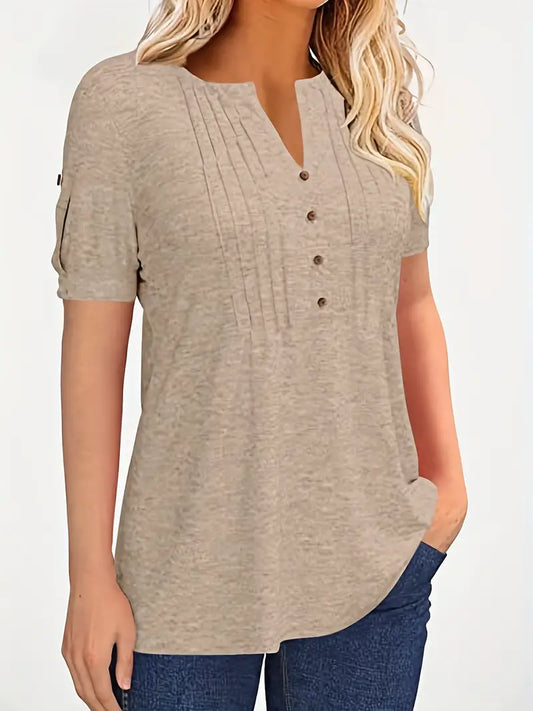 Pleated Button Short Sleeve Loose Summer T-shirt